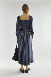 Blue-Black Stripe Shirred Midi-Dress